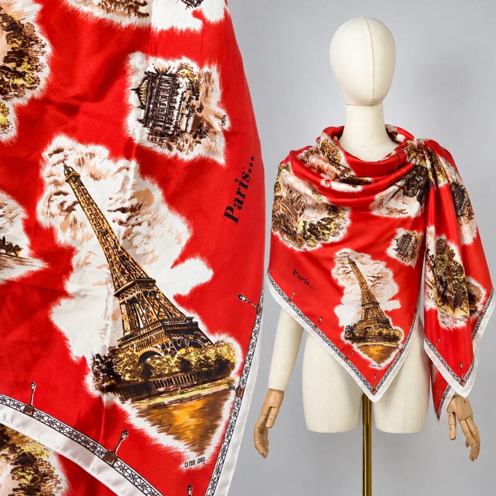Vintage Paris Souvenir Scarf 31 Square Red Eiffel Tower Landmark Print